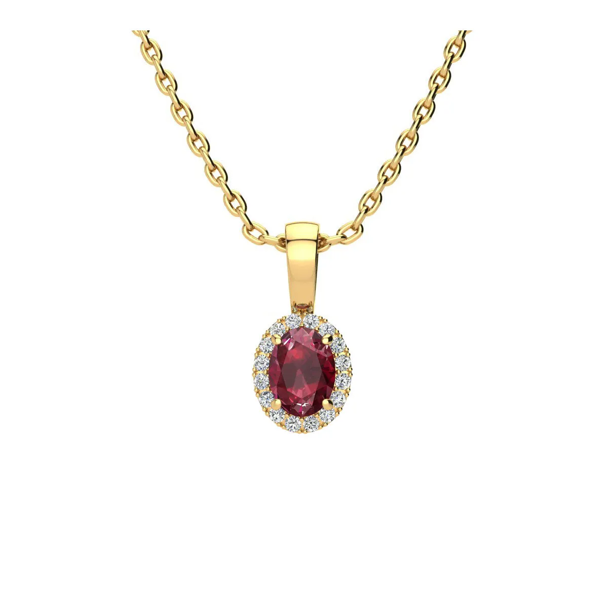 0.62 Carat Oval Shape Ruby And Halo Diamond Necklace In 14 Karat Yellow Gold With 18 Inch Chain