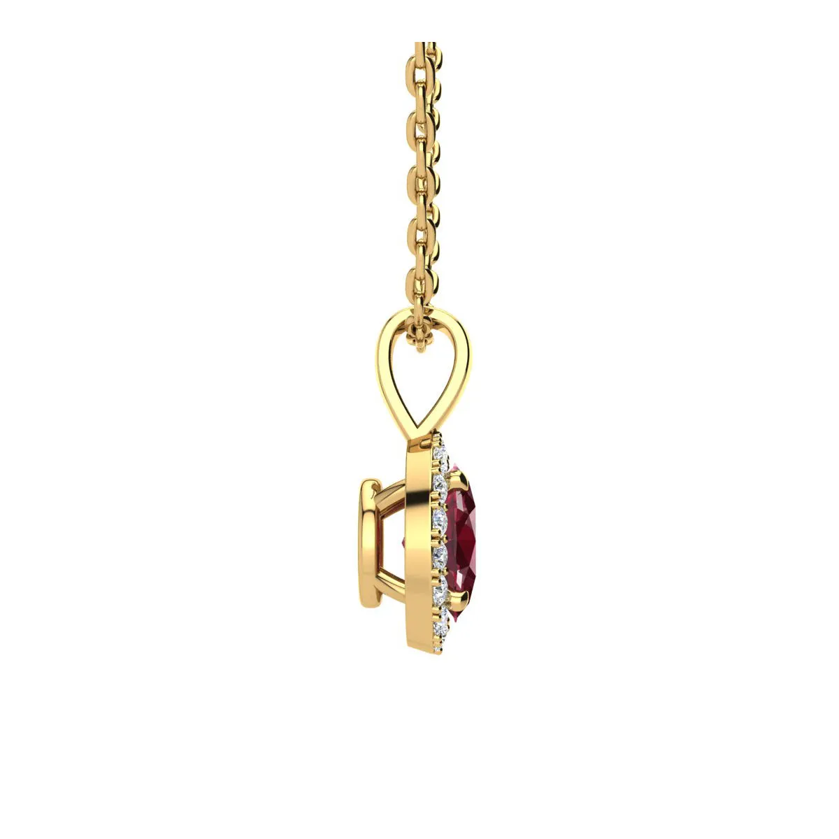 0.62 Carat Oval Shape Ruby And Halo Diamond Necklace In 14 Karat Yellow Gold With 18 Inch Chain