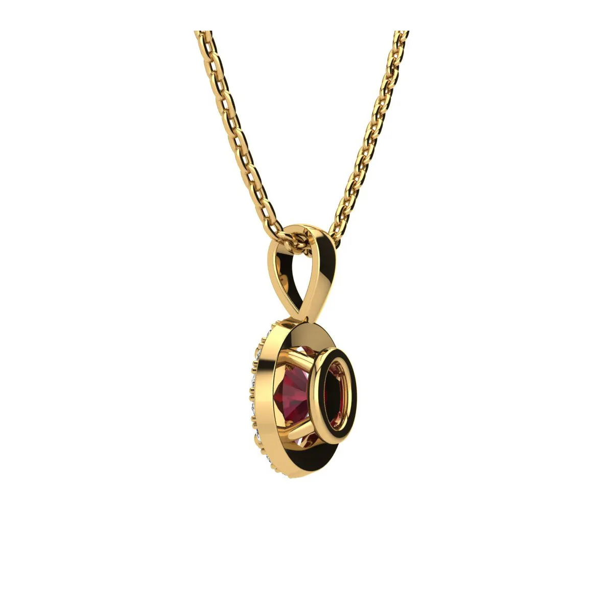 0.62 Carat Oval Shape Ruby And Halo Diamond Necklace In 14 Karat Yellow Gold With 18 Inch Chain