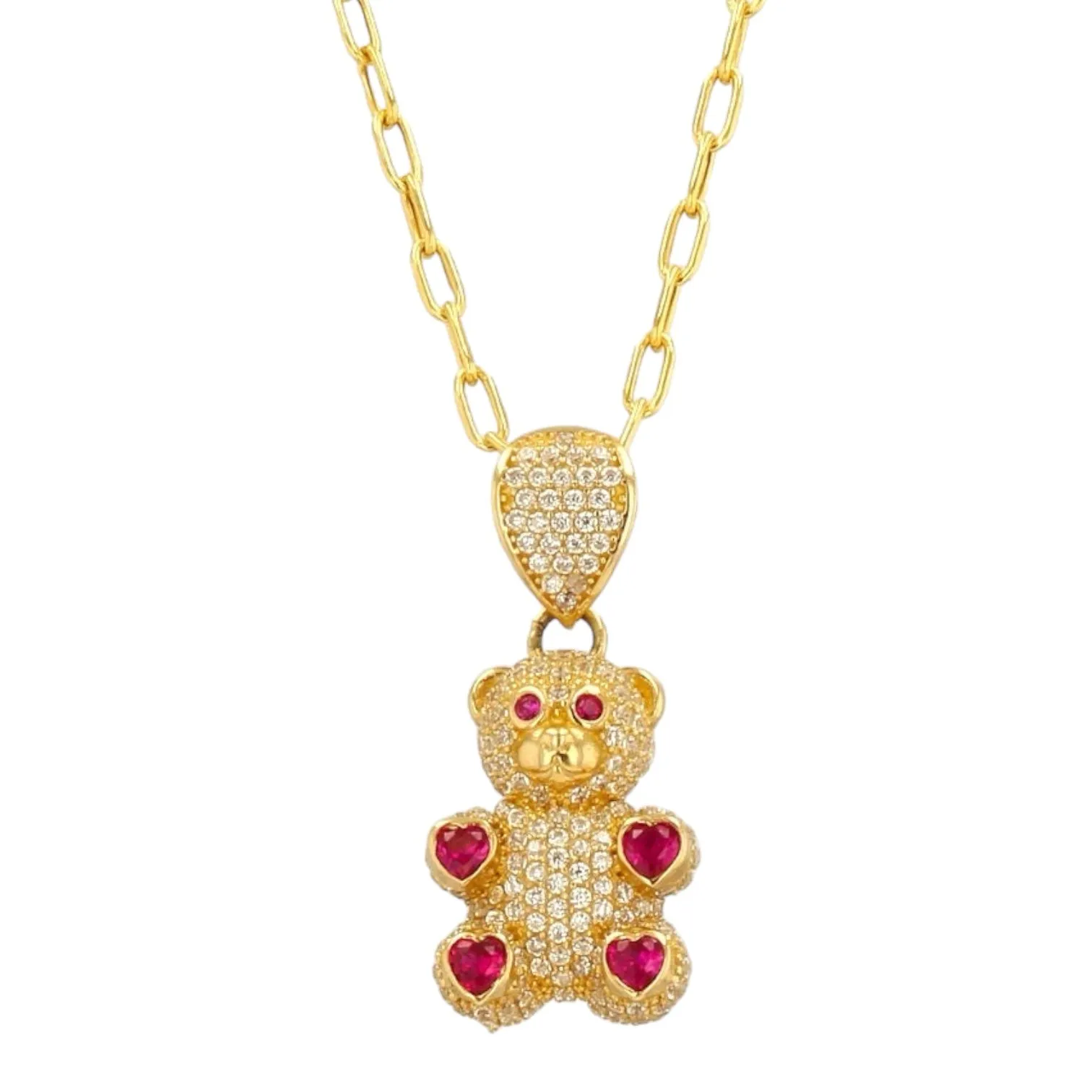 10K Yellow Gold Teddy 4 red hearts Bear Charm paper clip choker-63939