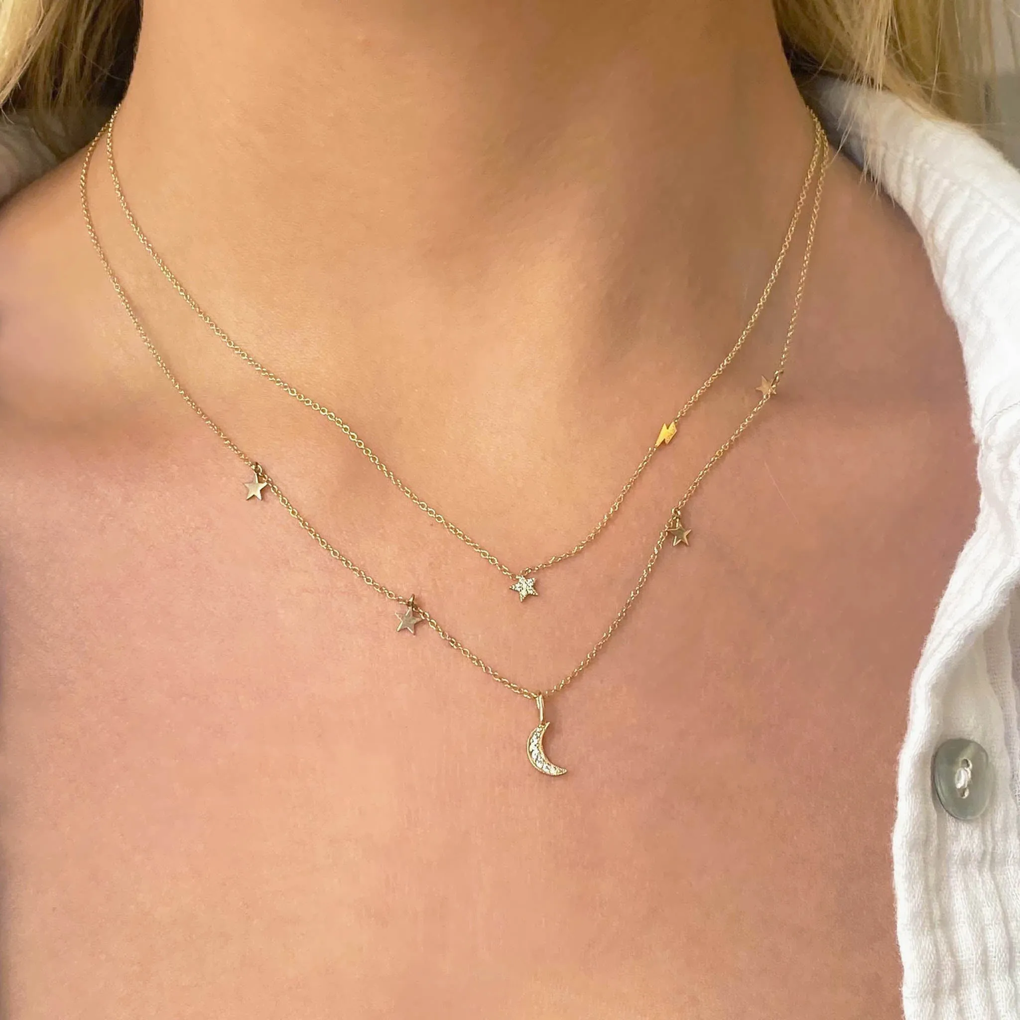 14k Itty Bitty Pavé Diamond Star Necklace with Off-Set Lightning Bolt