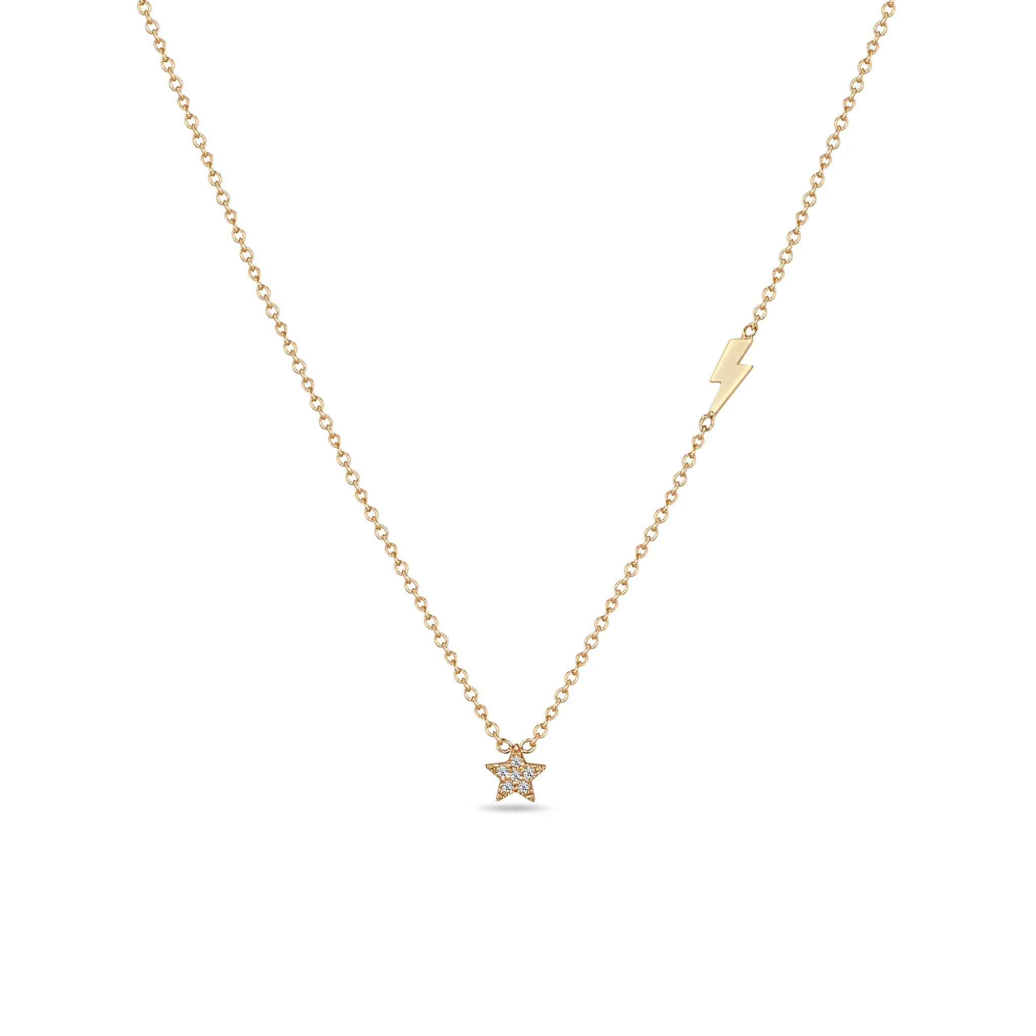 14k Itty Bitty Pavé Diamond Star Necklace with Off-Set Lightning Bolt