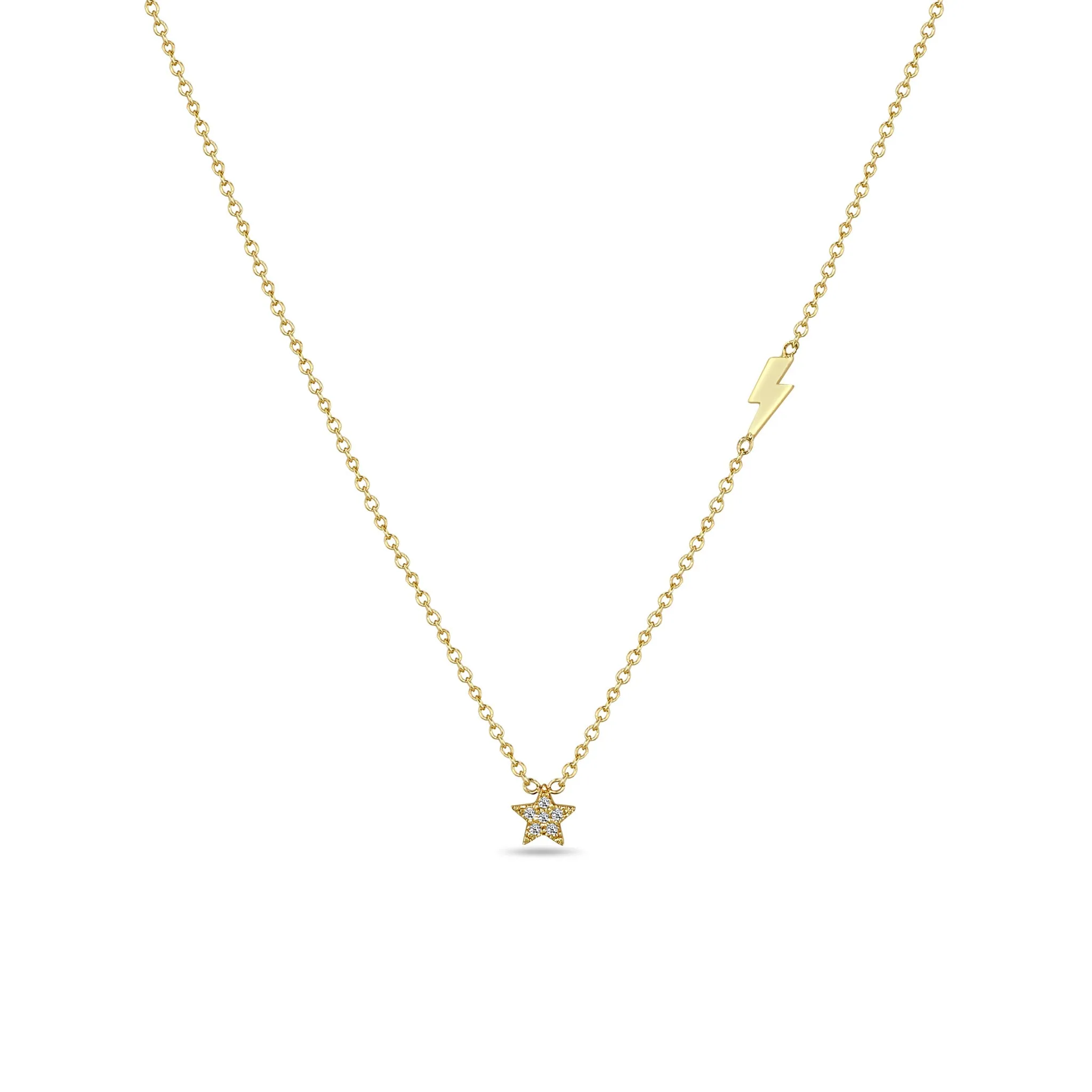 14k Itty Bitty Pavé Diamond Star Necklace with Off-Set Lightning Bolt