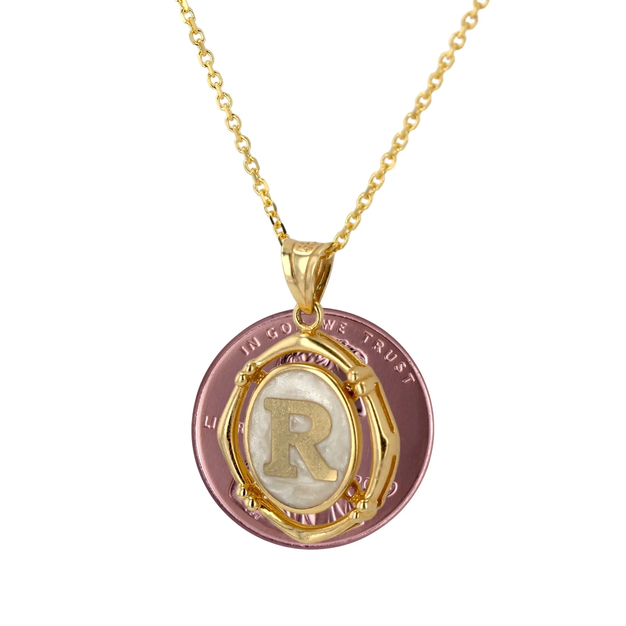 14K Yellow gold framing mother pearl letter R coin pendant necklace