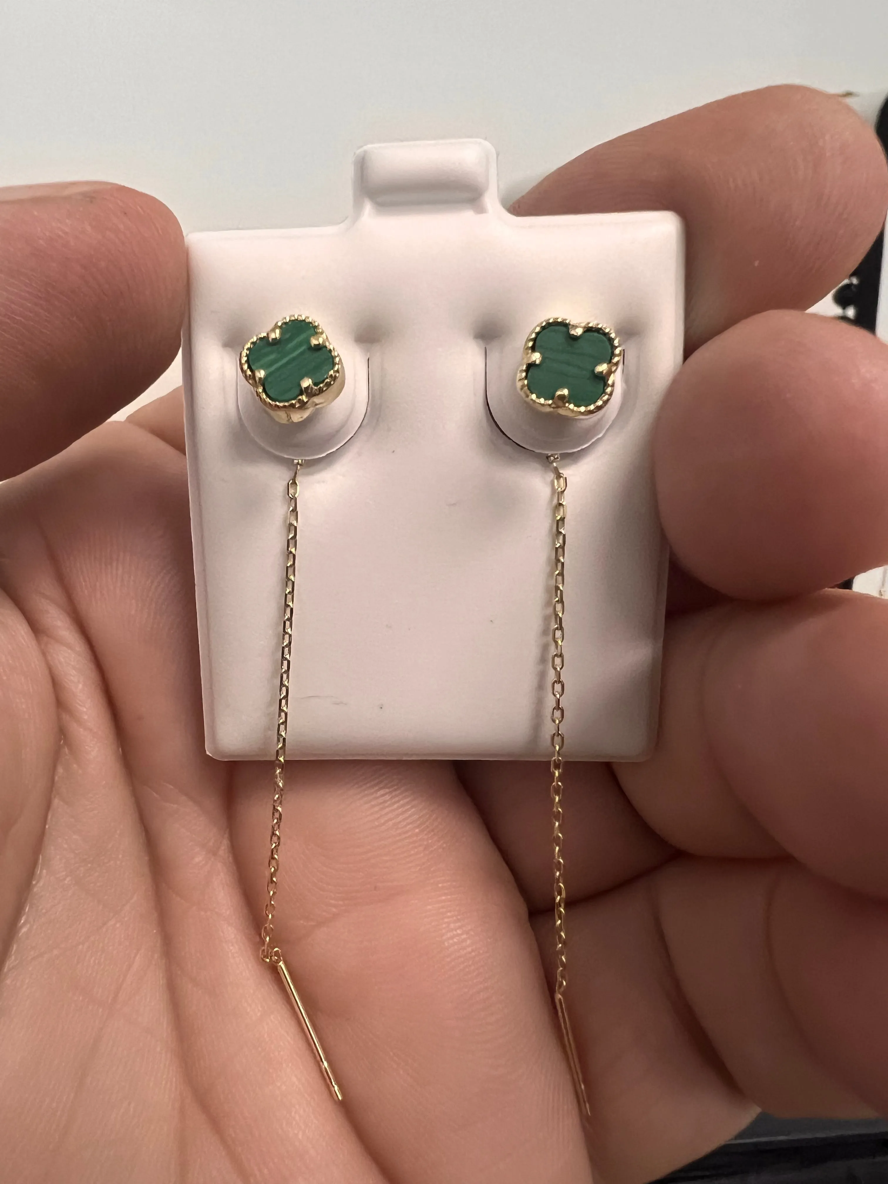 14K Yellow gold malachite clover dangling earrings-227453