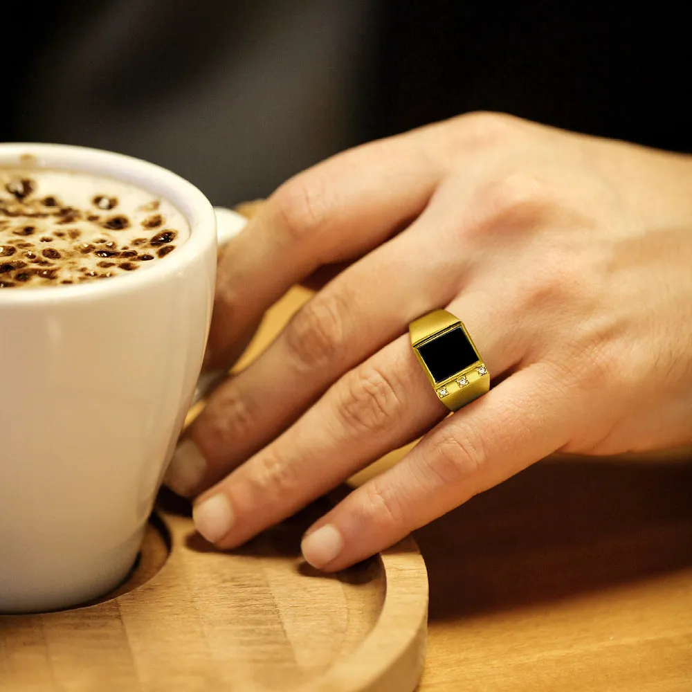 18K Gold Plated on 925 Solid Silver Mens Black Onyx Ring With 3 Diamond Accents