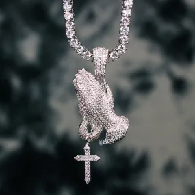 18K White Gold Praying Hands Necklace Set