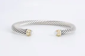 6.5"David Yurman 925 Silver & 14k Yellow Gold Cable Pearl Cuff Bracelet(27.01g)