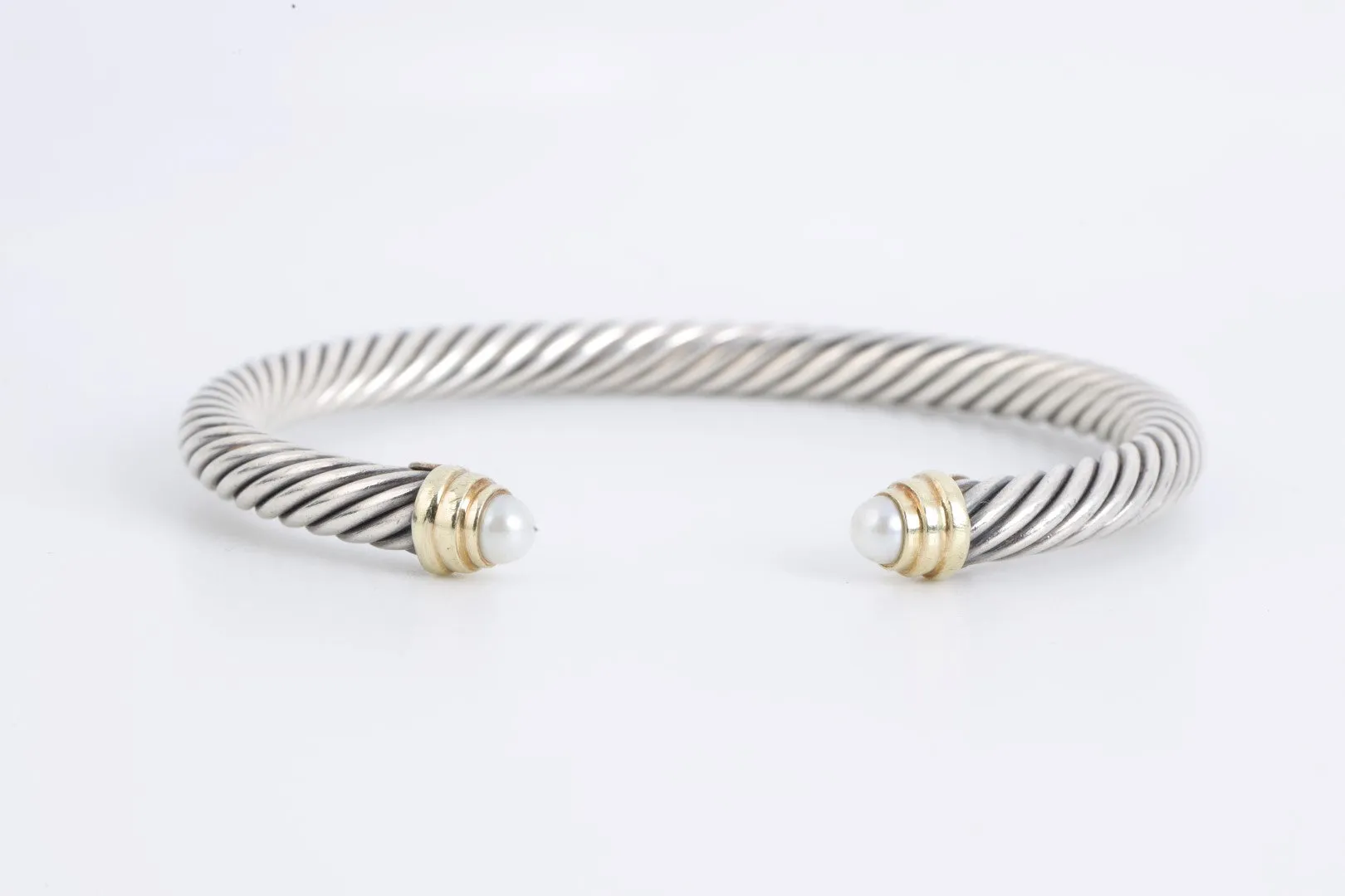 6.5"David Yurman 925 Silver & 14k Yellow Gold Cable Pearl Cuff Bracelet(27.01g)