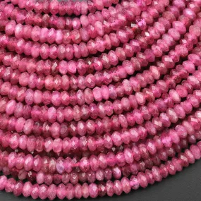 AAA Faceted Natural Pink Tourmaline Thin Rondelle 4mm Beads Micro Diamond Cut Gemstone 15.5" Strand