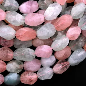 AAA Faceted Natural Sea Green Aquamarine Pink Morganite Faceted Nuggets Beads 15.5" Strand