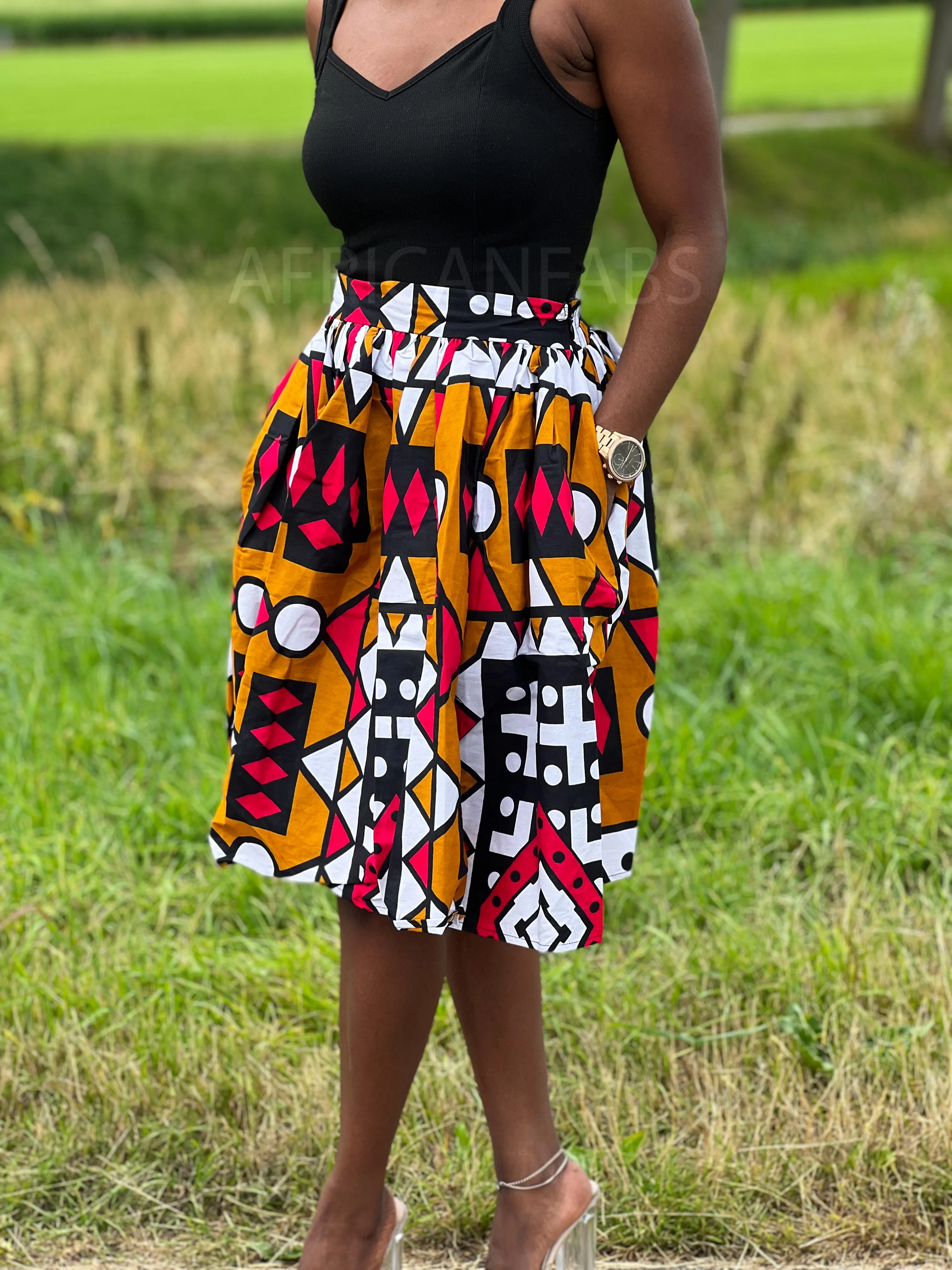 African print Mustard / Red Samakaka Midi Skirt