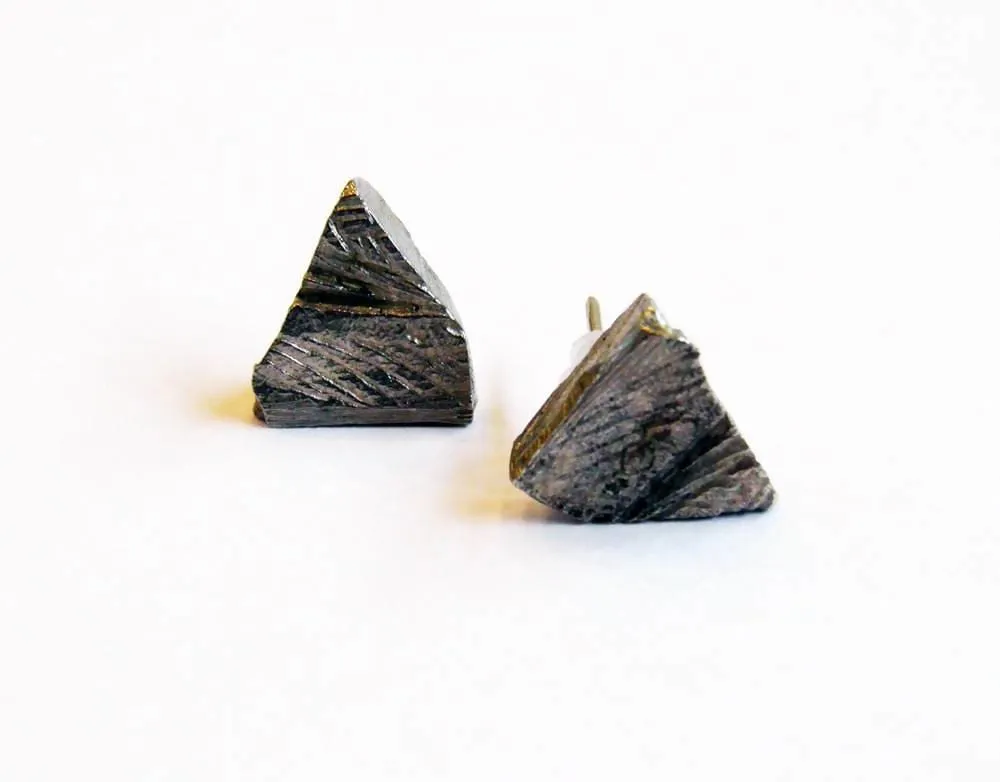 ALCHEMY post earrings, organic ruff pyramid, raw black triangle, crude post earrings, rustic studs, gift idea, september, maria solorzano