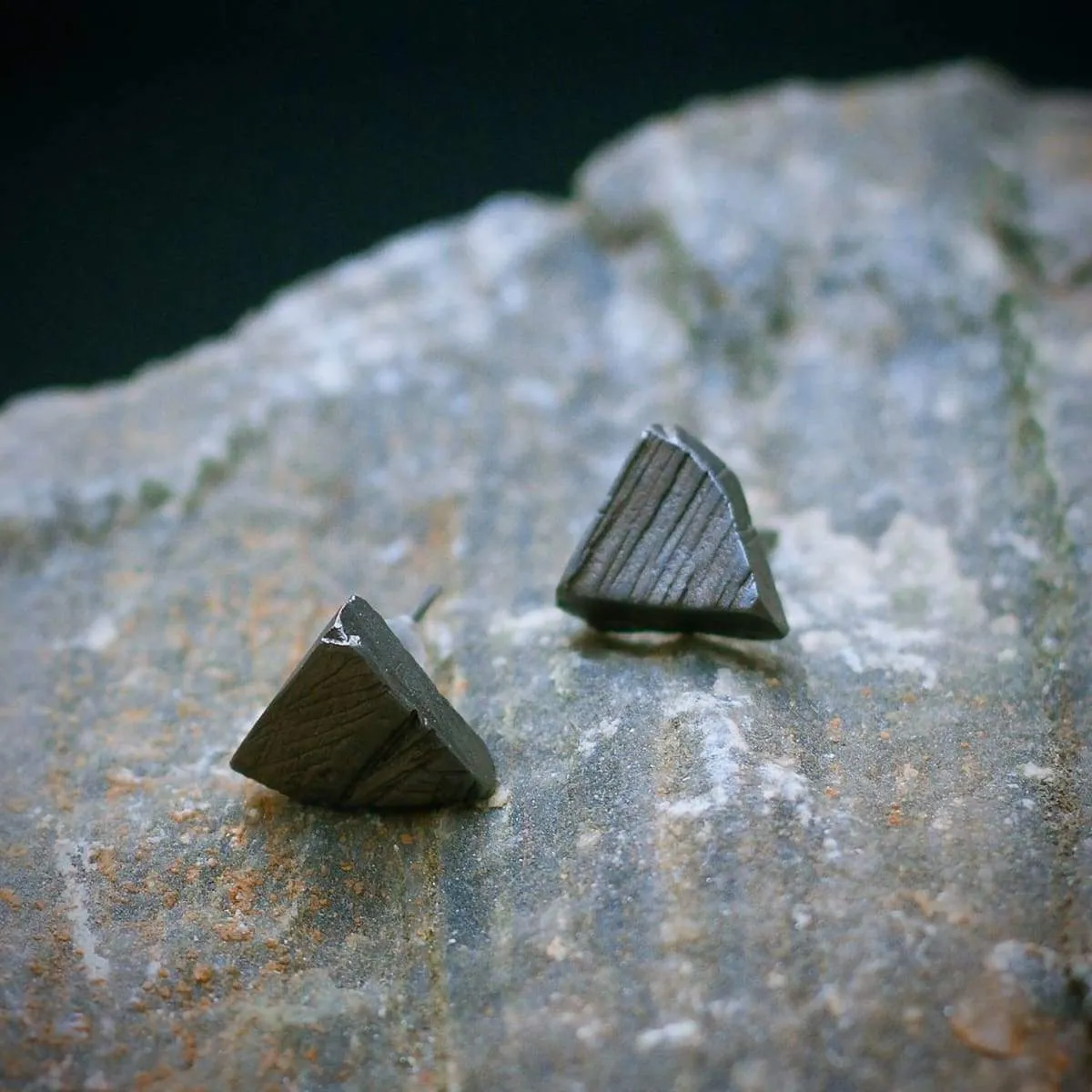 ALCHEMY post earrings, organic ruff pyramid, raw black triangle, crude post earrings, rustic studs, gift idea, september, maria solorzano