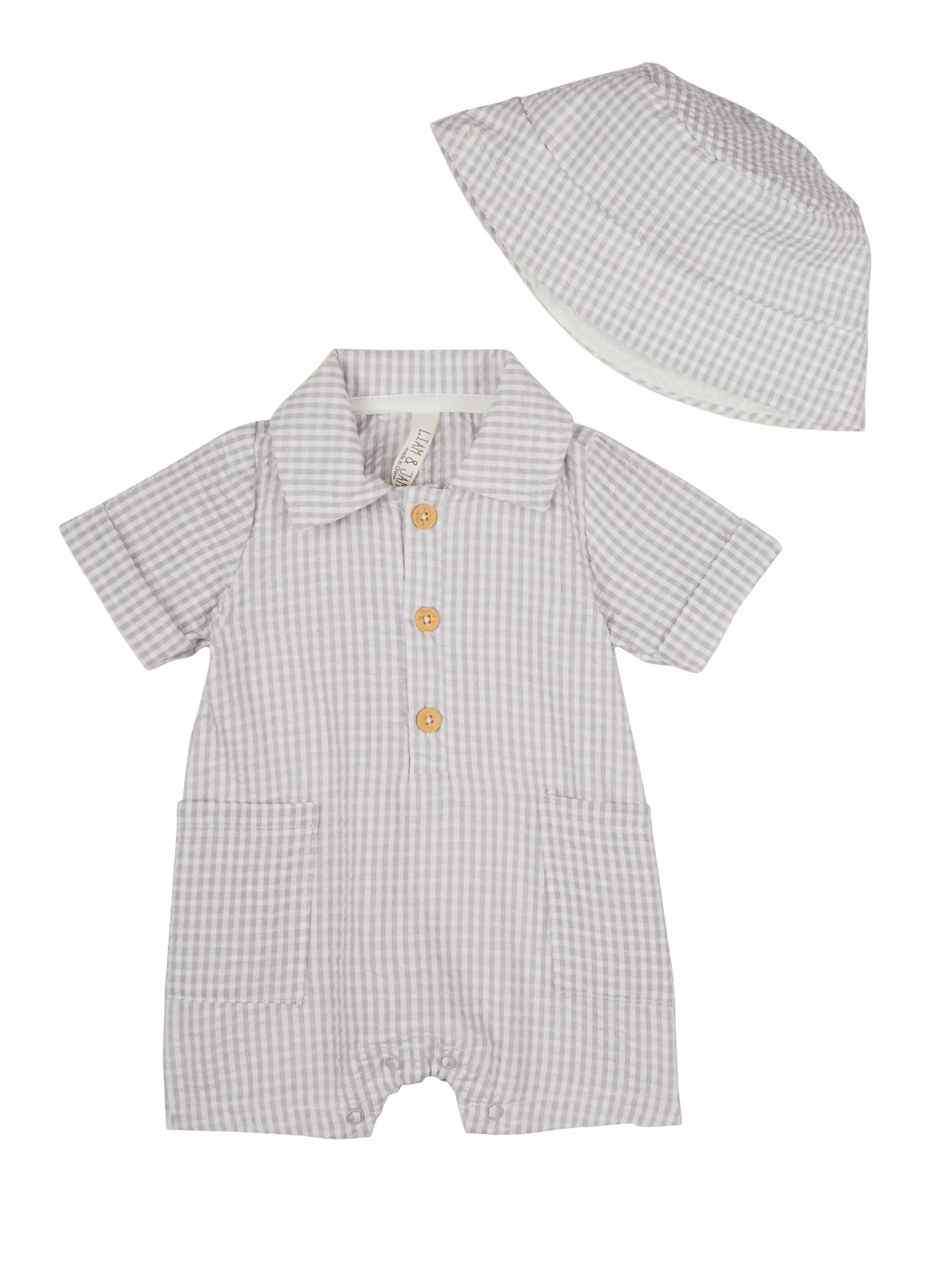 Baby Boys 0-9M Gingham Romper with Bucket Hat