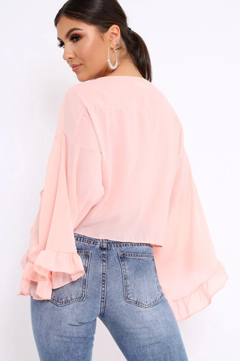 Baby Pink Extreme Bell Flared Sleeved Crop Top - Natia