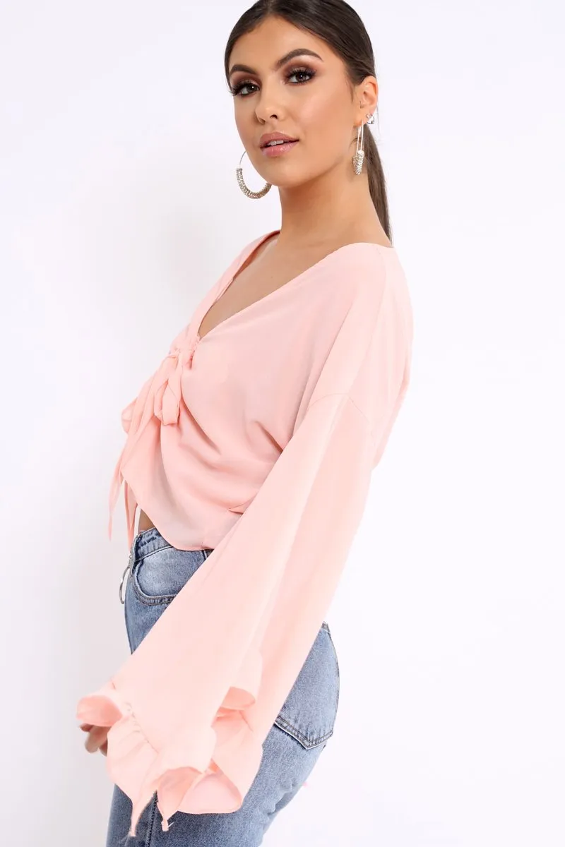 Baby Pink Extreme Bell Flared Sleeved Crop Top - Natia