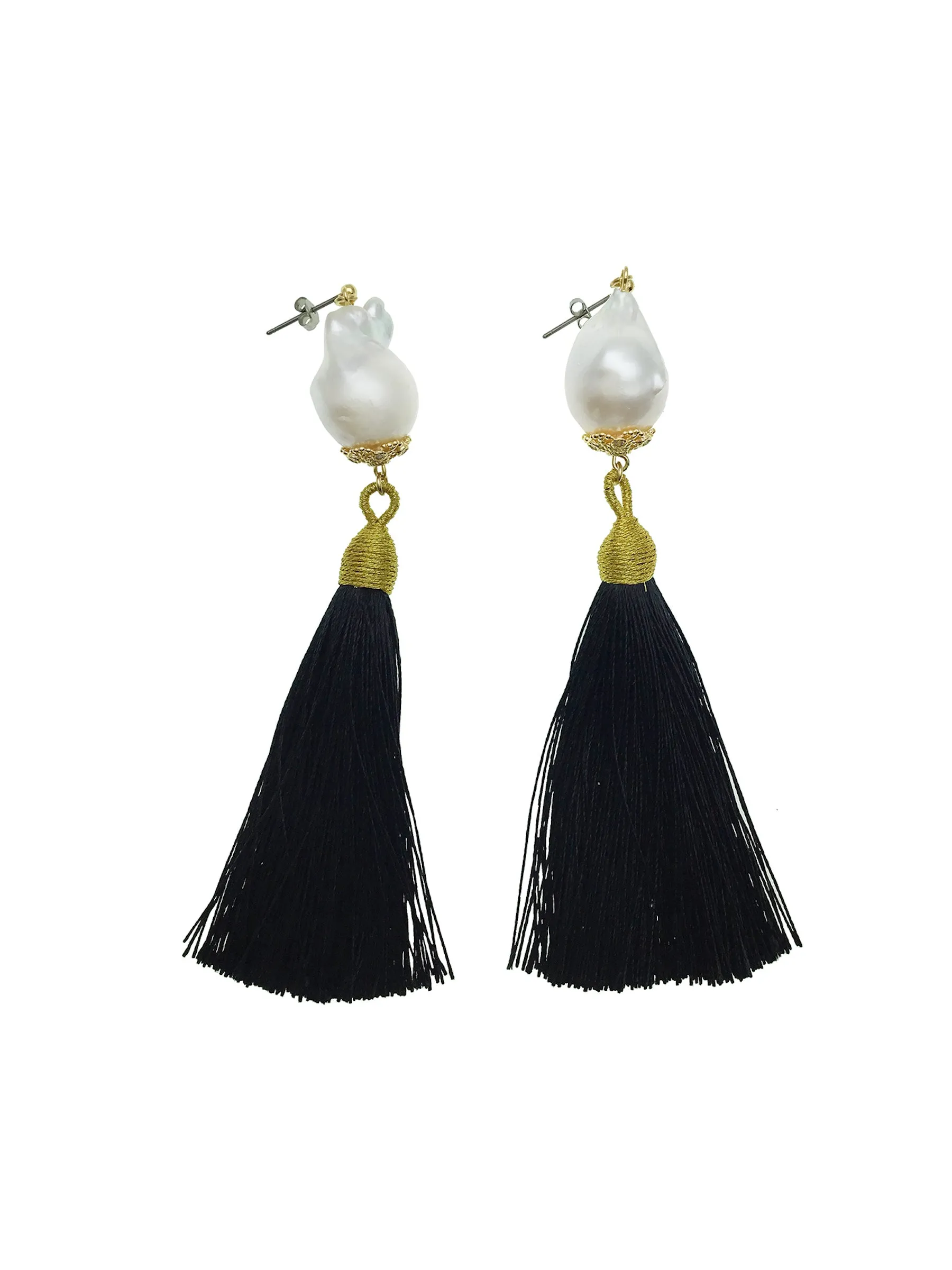 Baroque Pearl With Black Tassel Earrings CE041