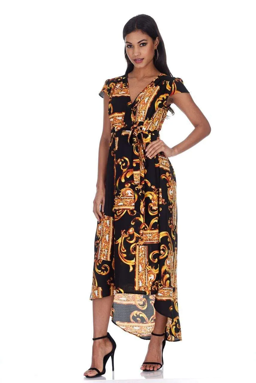 Black and Gold Patterned Wrap Over Tie Waist Belt Dress