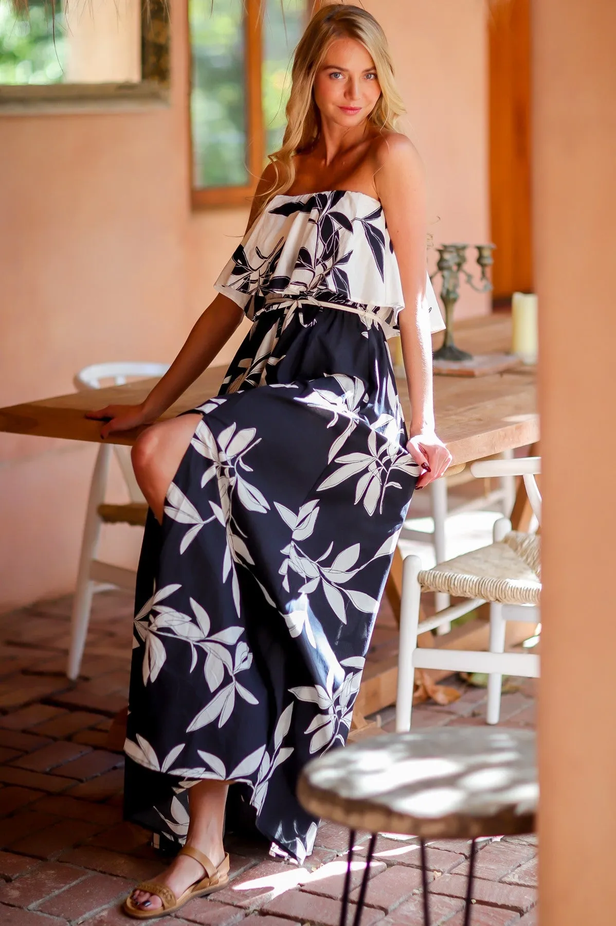 BLACK AND WHITE FLORAL MAXI DRESS WITH COLOR-BLOCK FLOUNCED TOP AND TIE WAIST