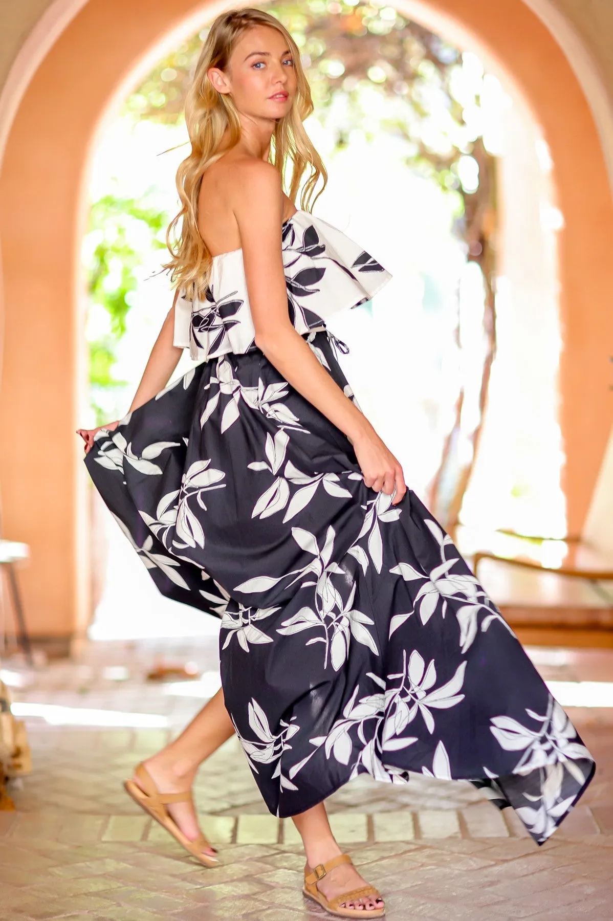 BLACK AND WHITE FLORAL MAXI DRESS WITH COLOR-BLOCK FLOUNCED TOP AND TIE WAIST