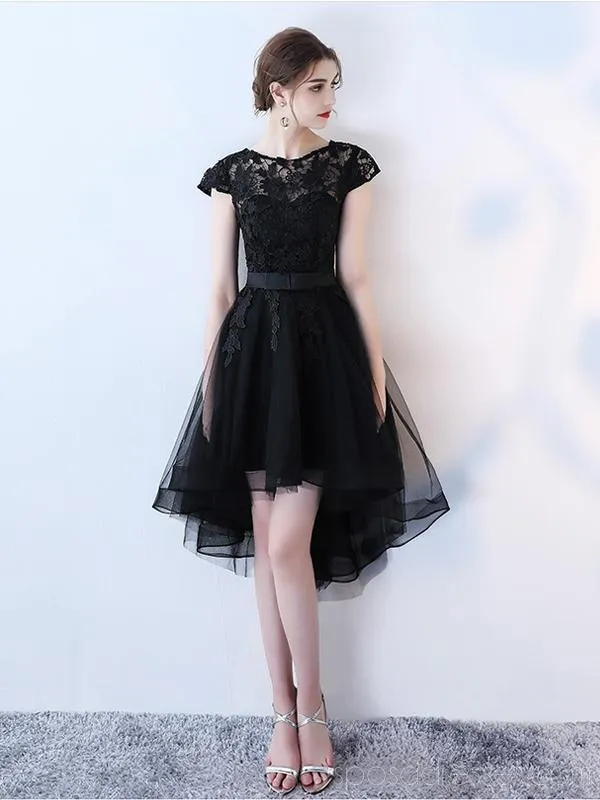 Black Lace Cap Sleeves High Low Cheap Homecoming Dresses Online, Cheap Short Prom Dresses, CM800