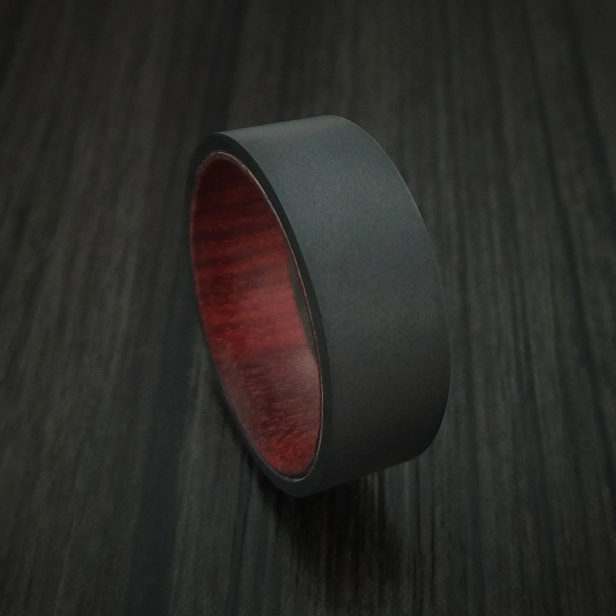 Black Titanium Men's Ring with Hardwood Interior Sleeve Custom Made Band