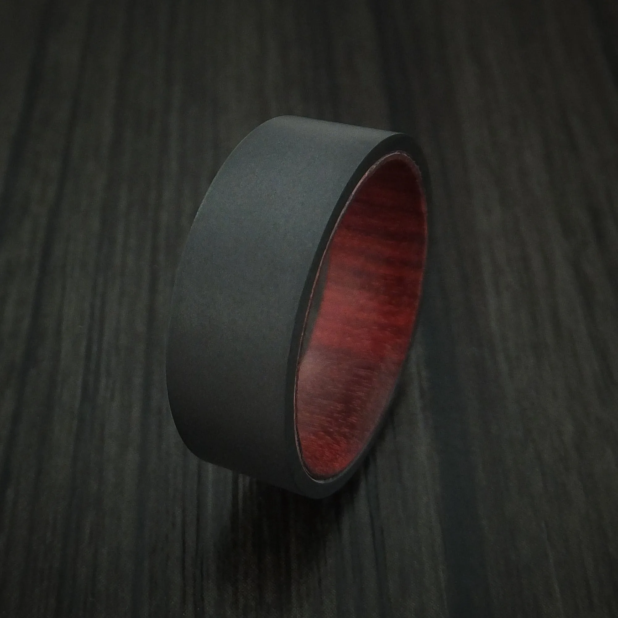 Black Titanium Men's Ring with Hardwood Interior Sleeve Custom Made Band