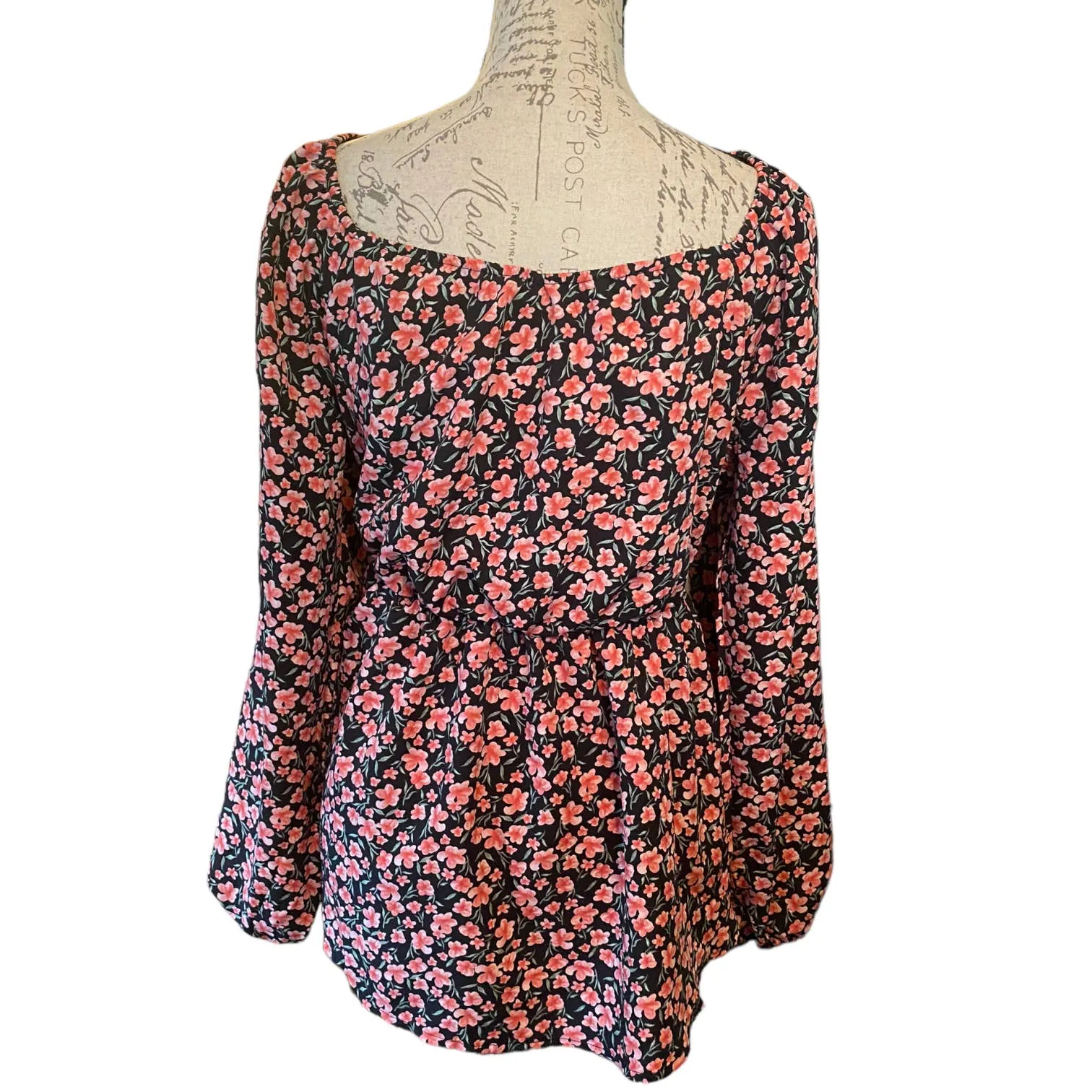 Bloomchic Black & Pink Floral Babydoll Top Size 14/16 NEW