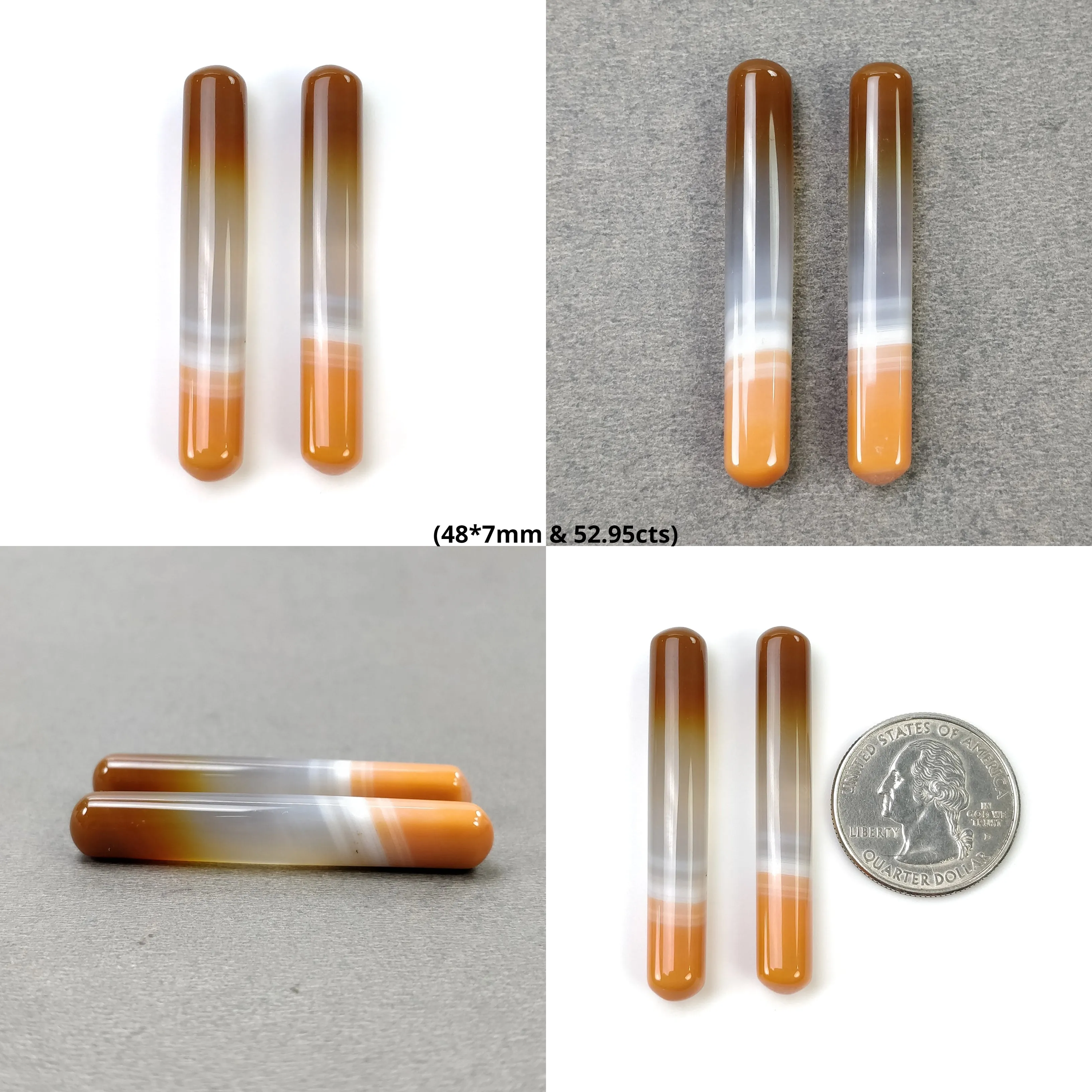 BOTSWANA AGATE Gemstone Cabochon : Natural Color Enhanced Bi-Color Agate Capsule Shape 43*7mm - 48*7mm Pair