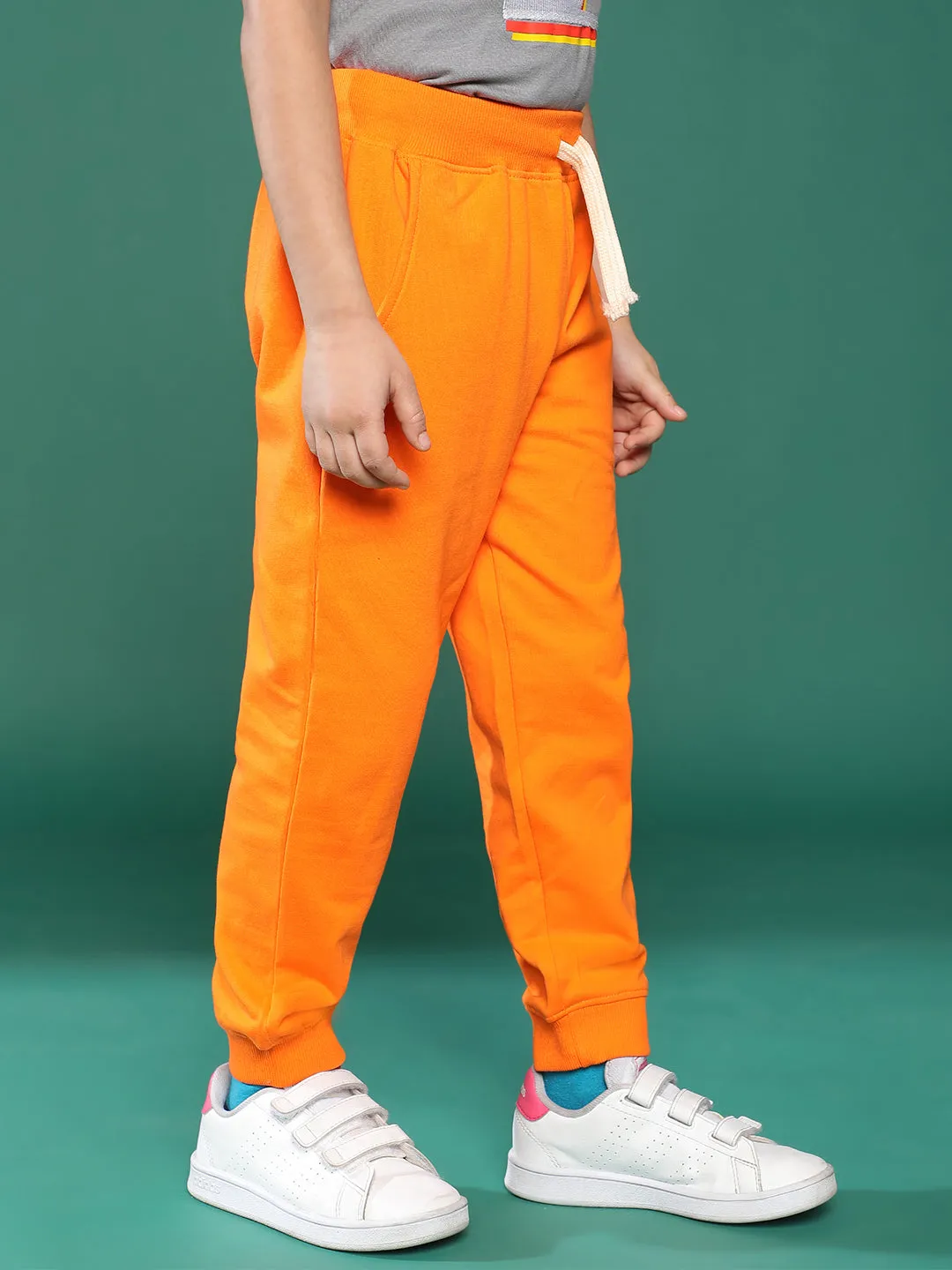 Boys Off Orange Solid Cotton Joggers