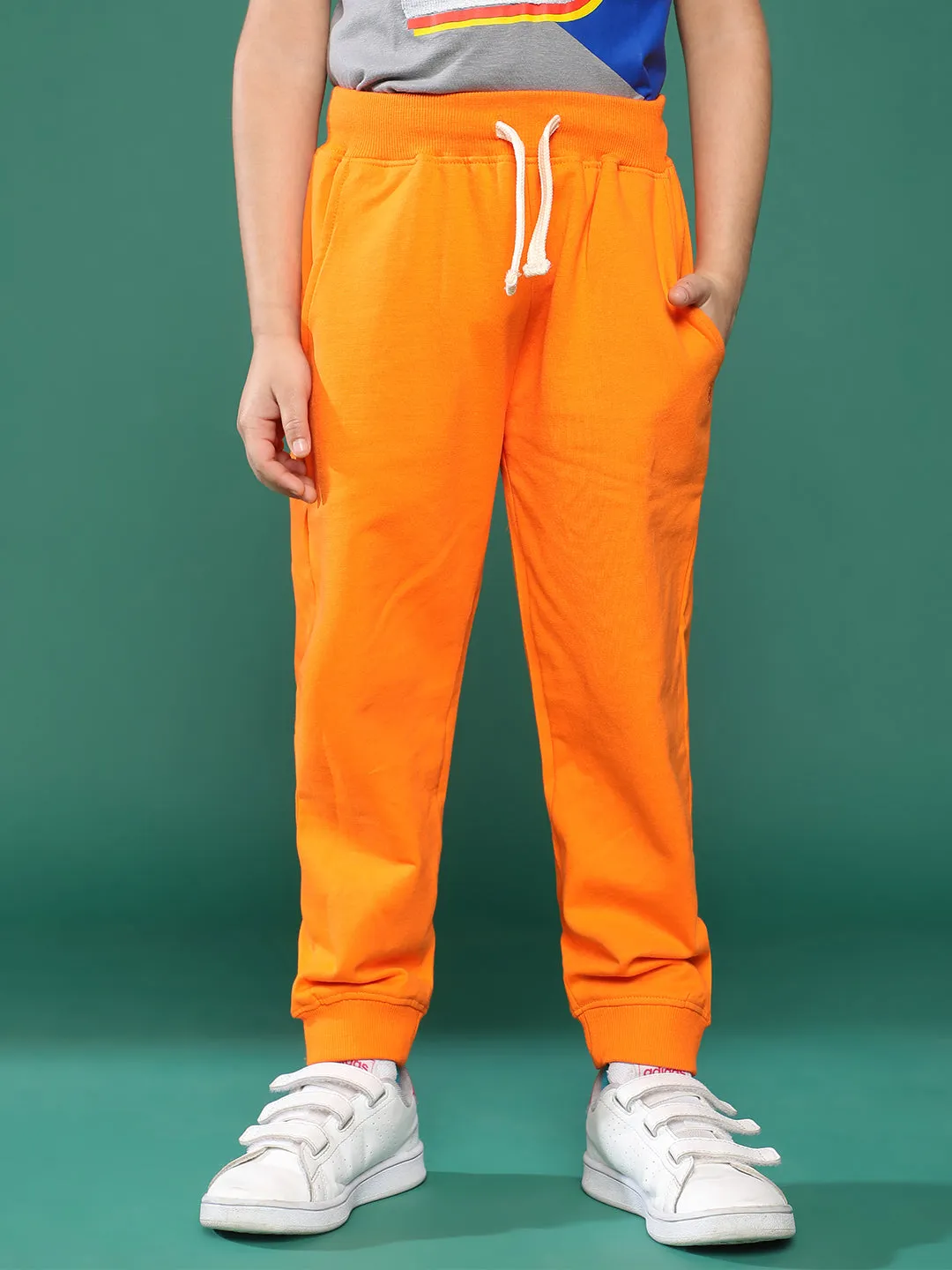 Boys Off Orange Solid Cotton Joggers