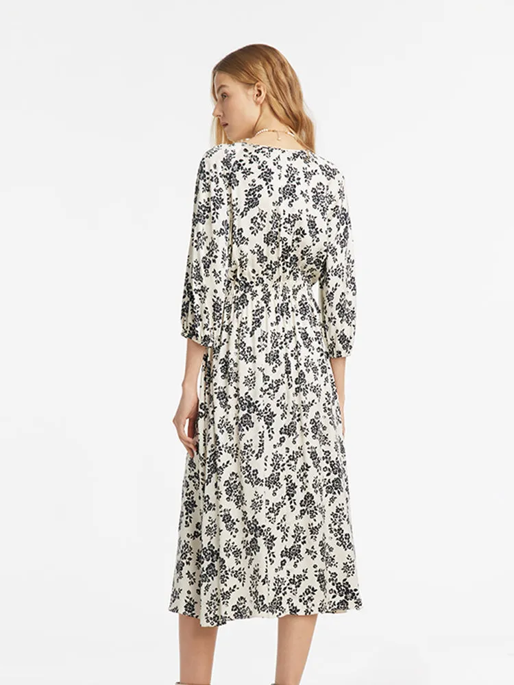 Camellia Printed Gathered Waist Women Midi Dress