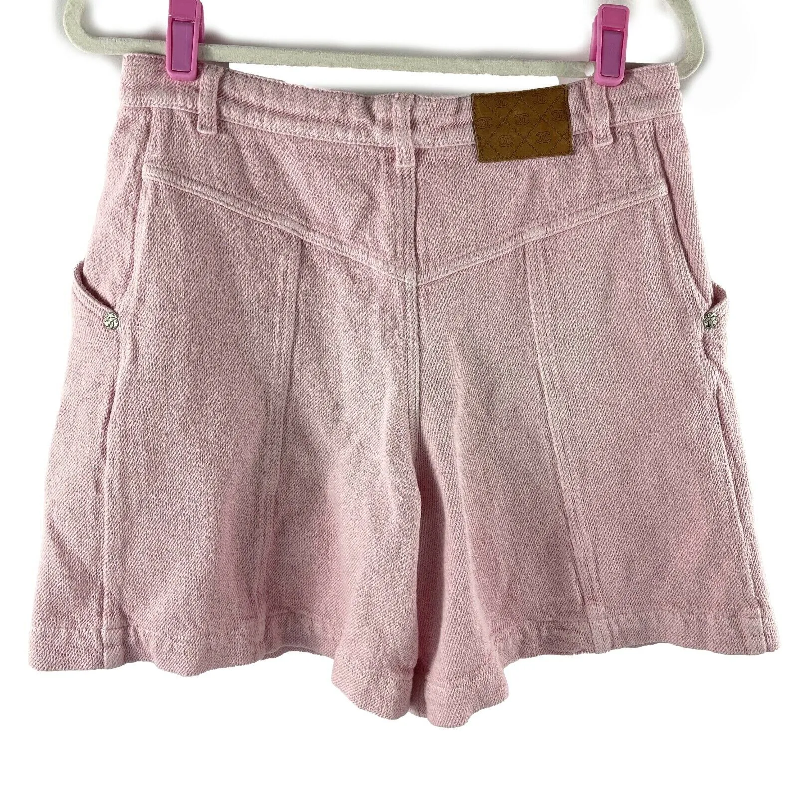 CHANEL - 19P CC Logo Belted Long Cotton Textured PInk Shorts - 38 US M