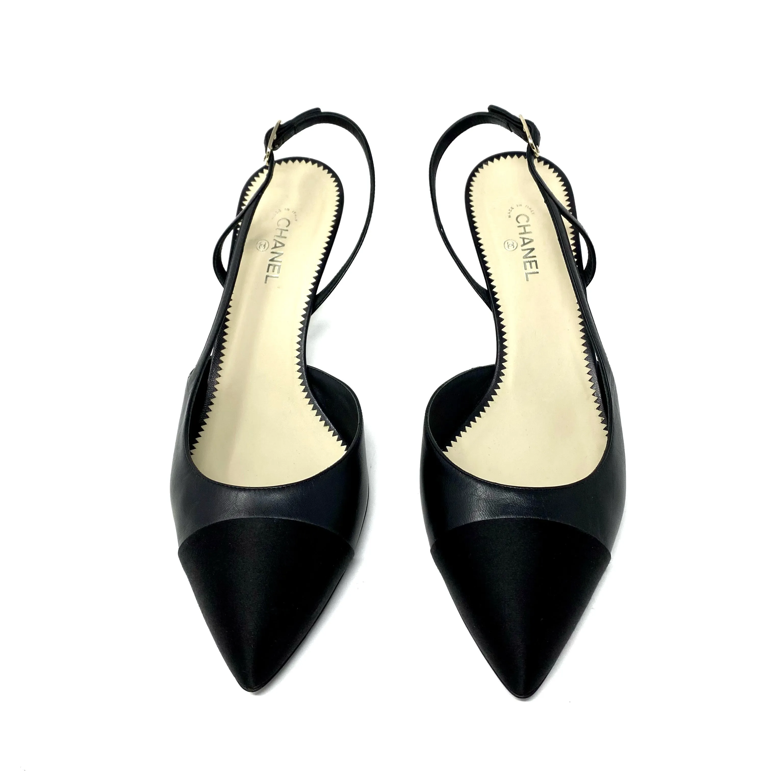 CHANEL Slingbacks Black Goatskin Black Satin Toe G28963 Size 42