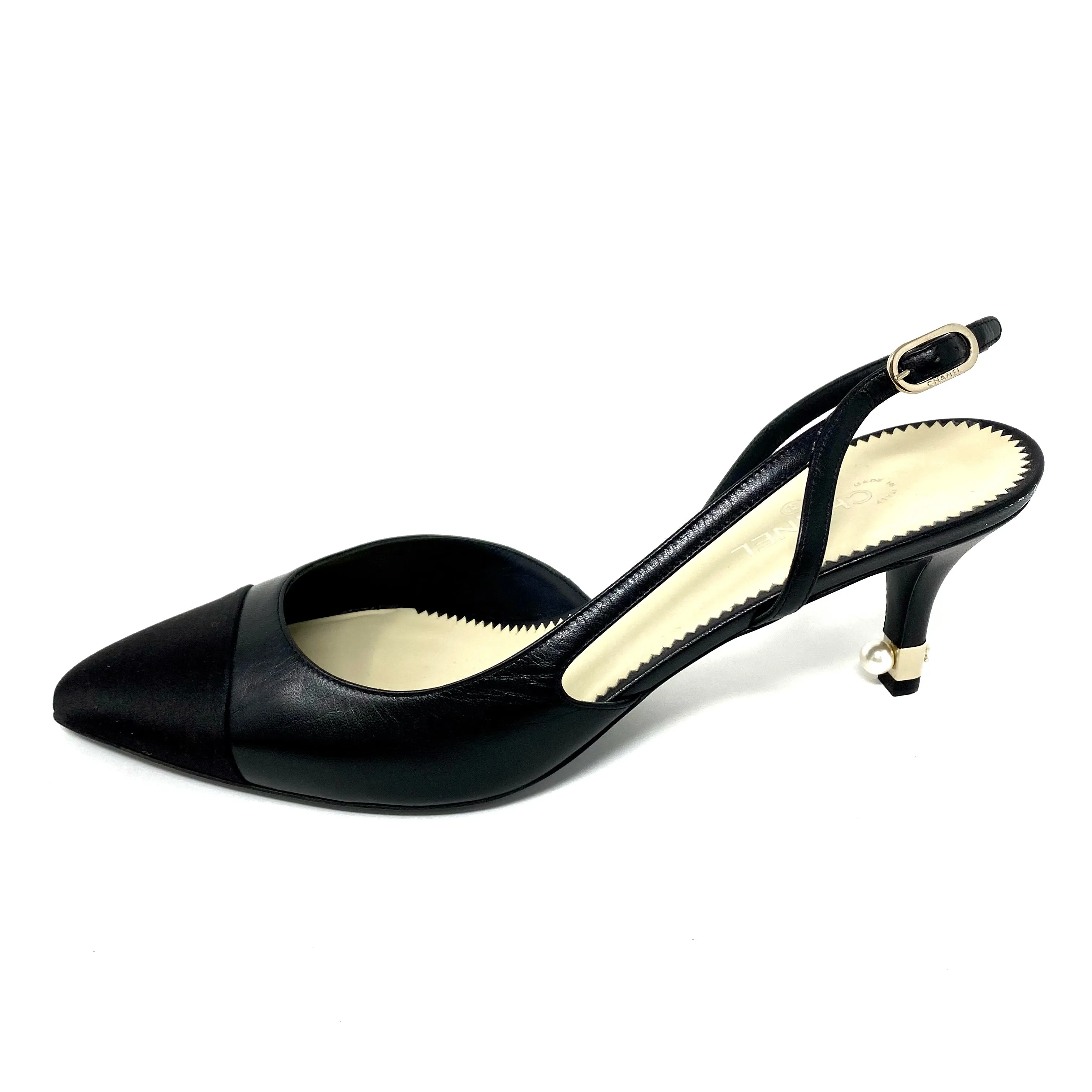 CHANEL Slingbacks Black Goatskin Black Satin Toe G28963 Size 42