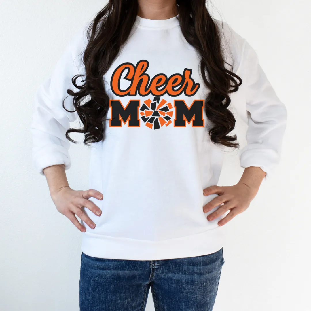 Cheer Mom in Black and Orange Sweatshirt on White