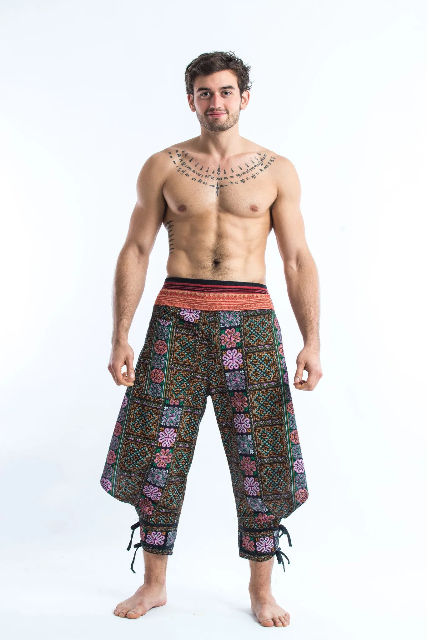 Clovers Thai Hill Tribe Fabric Men's Harem Pants with Ankle Straps in Spring Brass