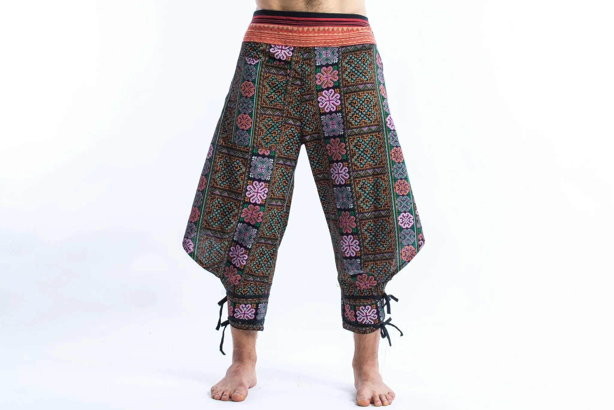 Clovers Thai Hill Tribe Fabric Men's Harem Pants with Ankle Straps in Spring Brass