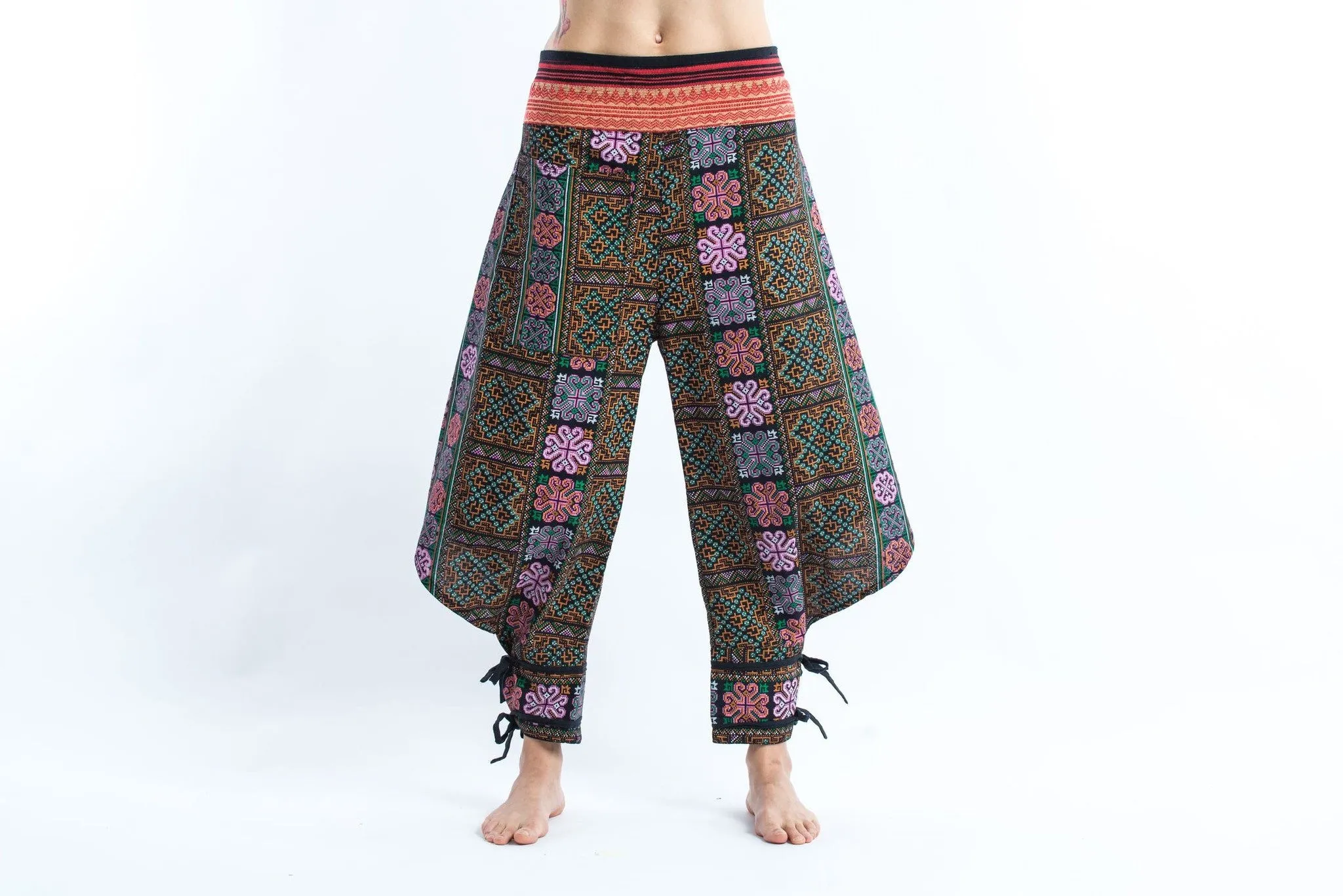 Clovers Thai Hill Tribe Fabric Women's Harem Pants with Ankle Straps in Spring Brass