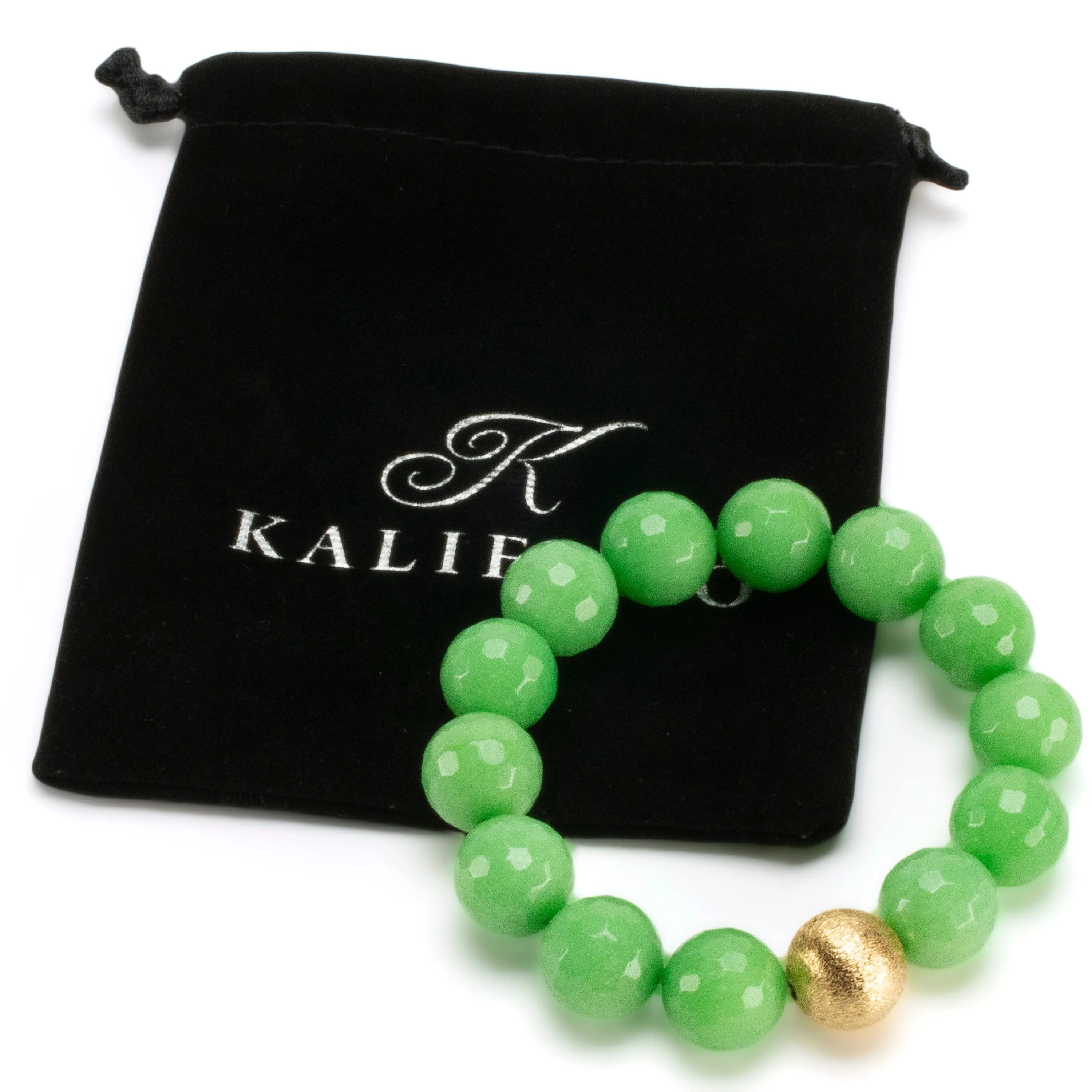 Faceted Green Color Enhanced Jade with Gold Accent Bead Gemstone Elastic Bracelet