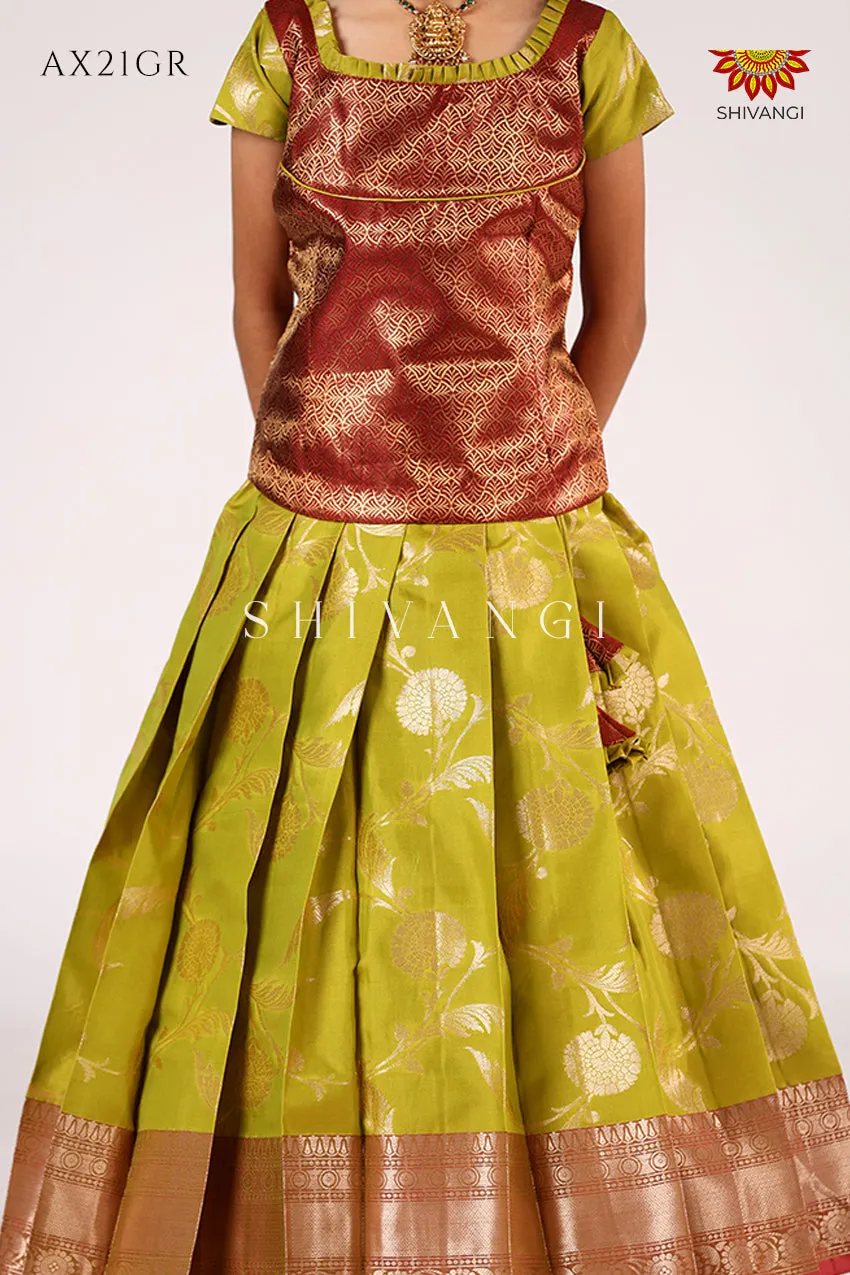 Festive Collection - Green Golden Feather Pattu Pavadai For Girls !!!