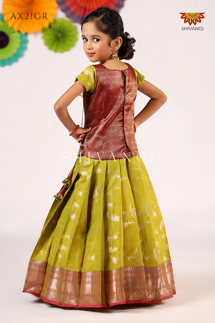 Festive Collection - Green Golden Feather Pattu Pavadai For Girls !!!