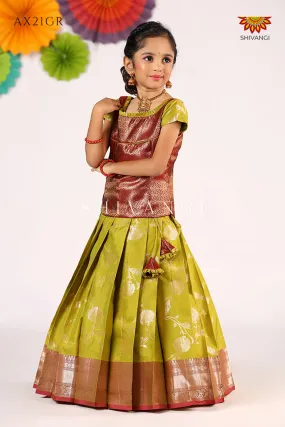 Festive Collection - Green Golden Feather Pattu Pavadai For Girls !!!