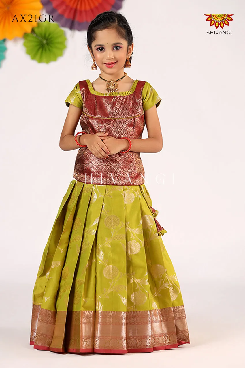 Festive Collection - Green Golden Feather Pattu Pavadai For Girls !!!