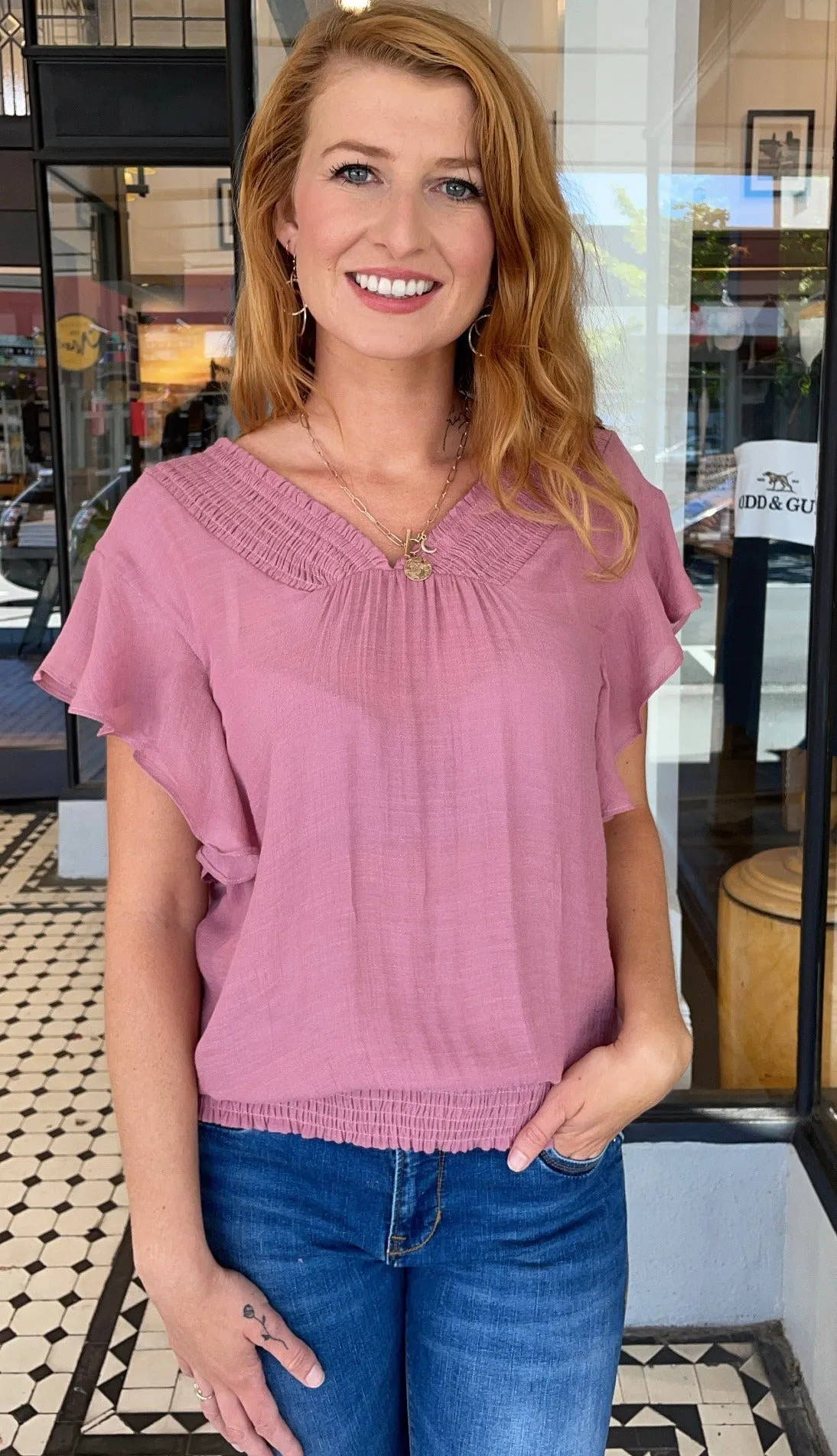 Fiona Smocked V Neck Top Dusty Rose