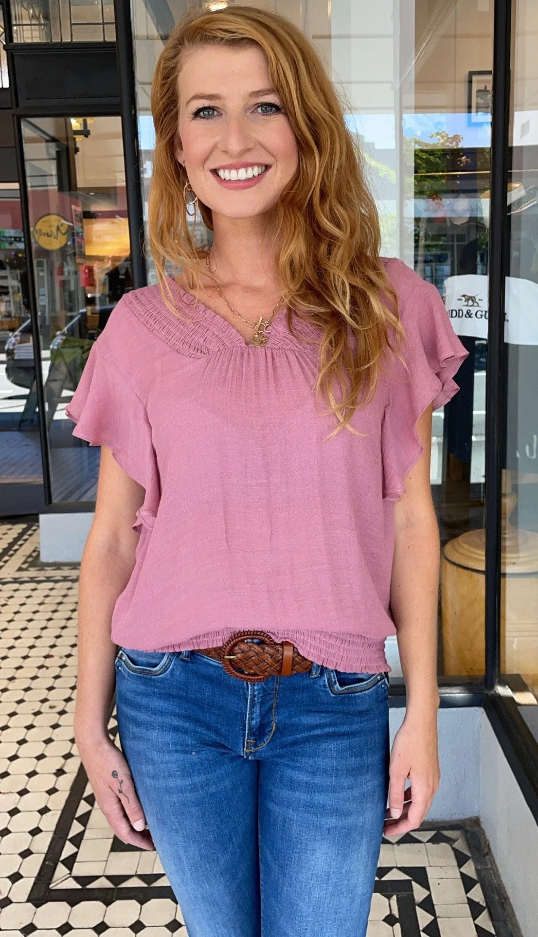 Fiona Smocked V Neck Top Dusty Rose