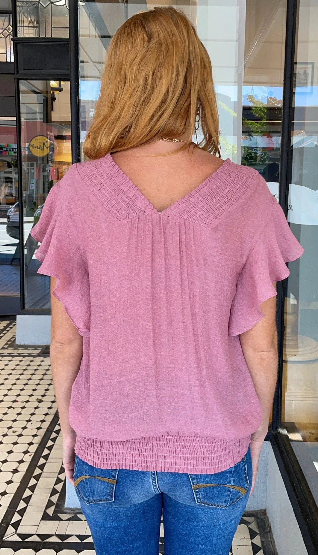 Fiona Smocked V Neck Top Dusty Rose