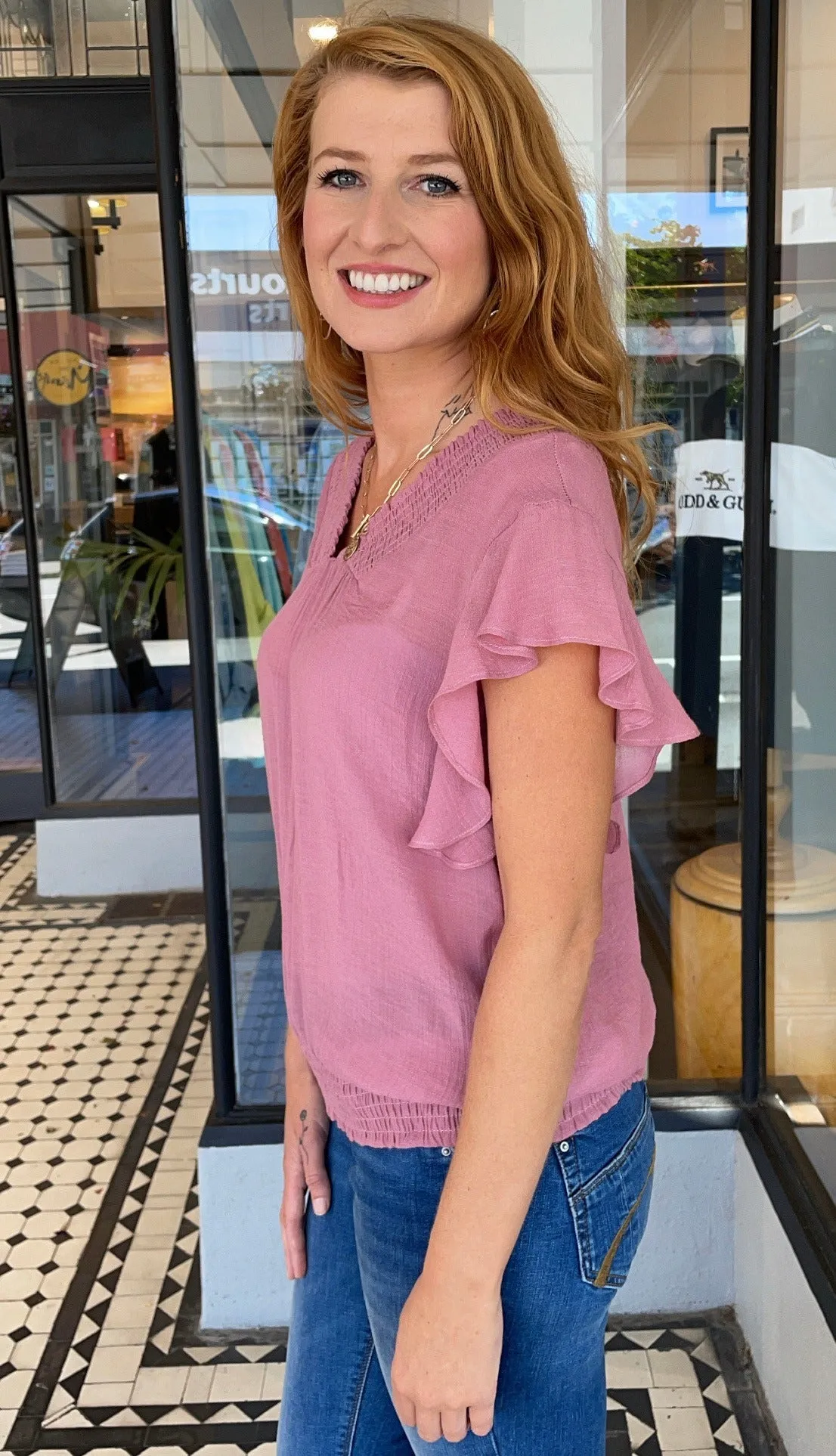 Fiona Smocked V Neck Top Dusty Rose