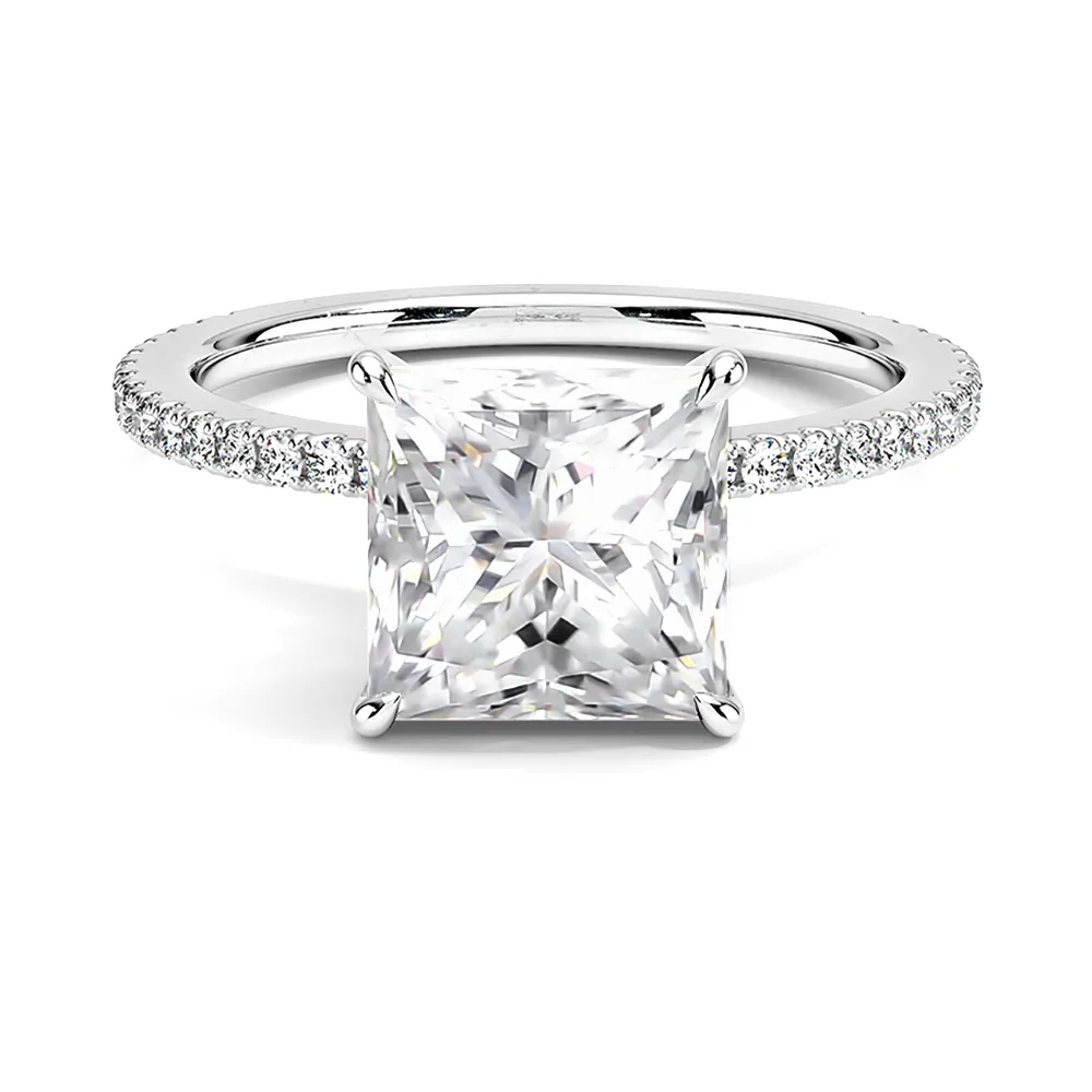 French Pavé Princess Cut Engagement Ring With Hidden Halo